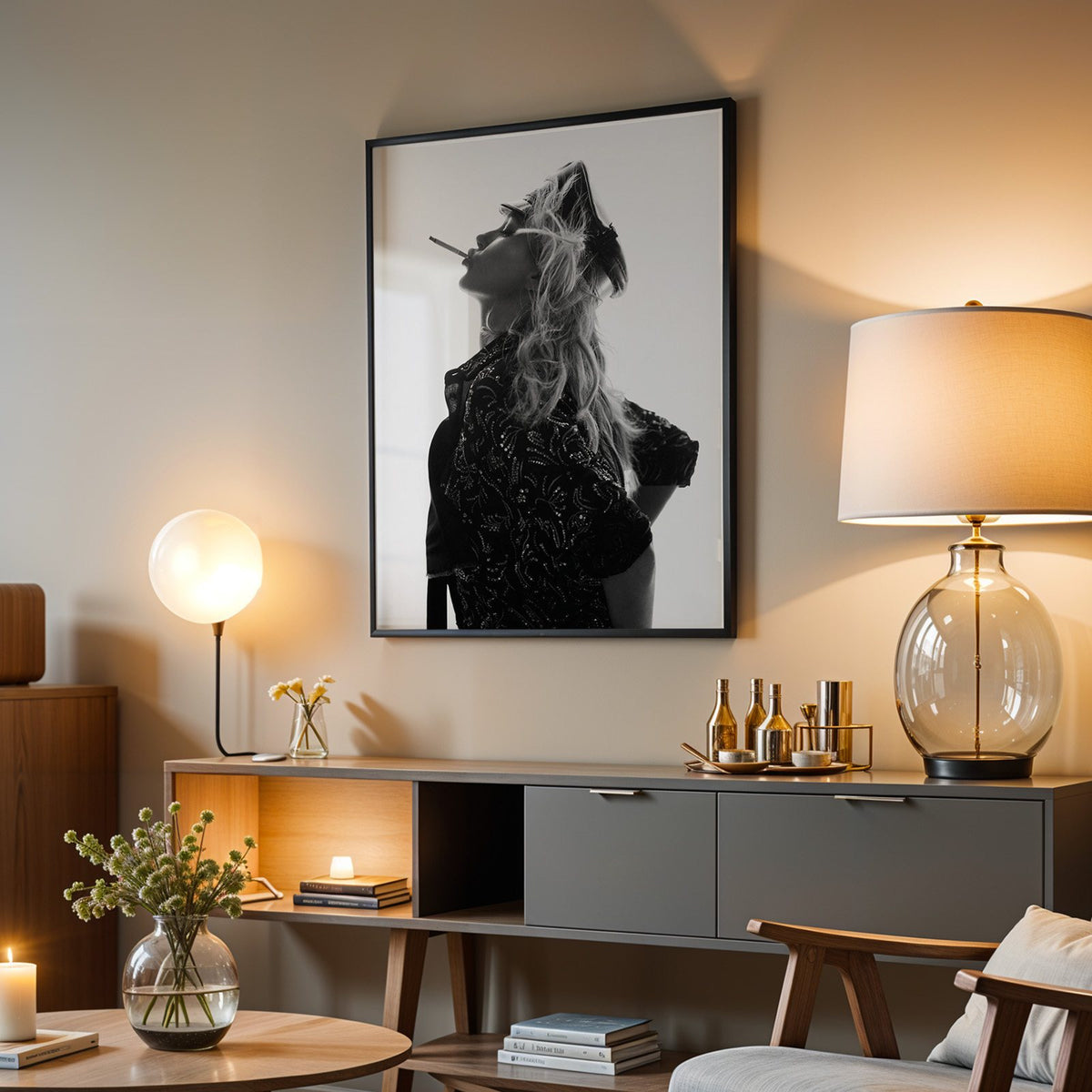 Backlit model in leather cap and sequin jacket print in a black frame above a grey media console with a glass table lamp