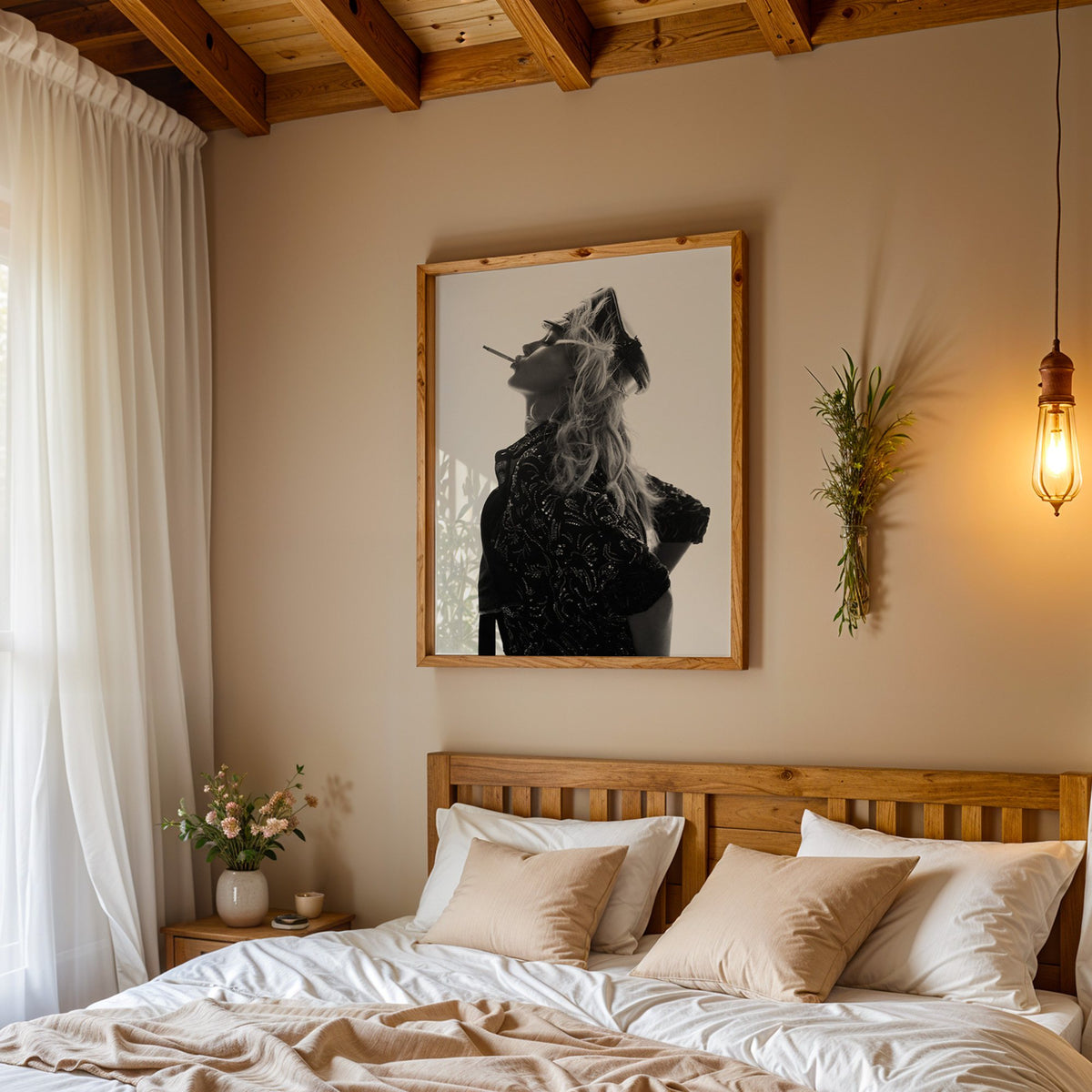 Backlit model in leather cap and sequin jacket print in a pine frame above a wood headboard bed under a pendant bulb