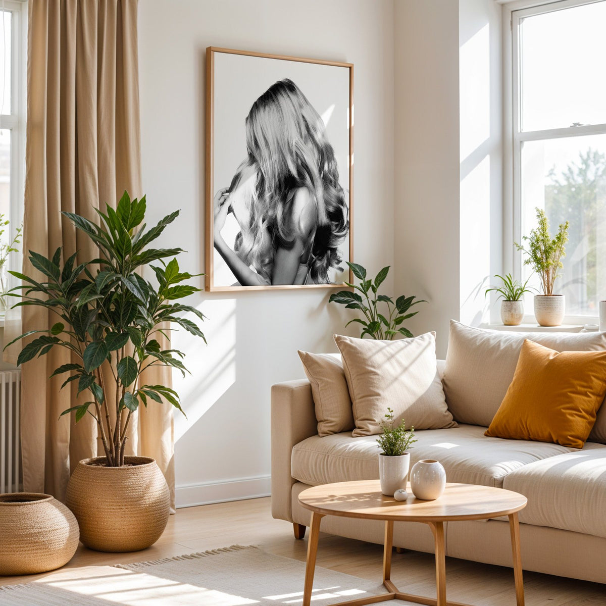 Long blonde wavy hair seen from behind print in an oak frame above a cream sofa beside woven planters
