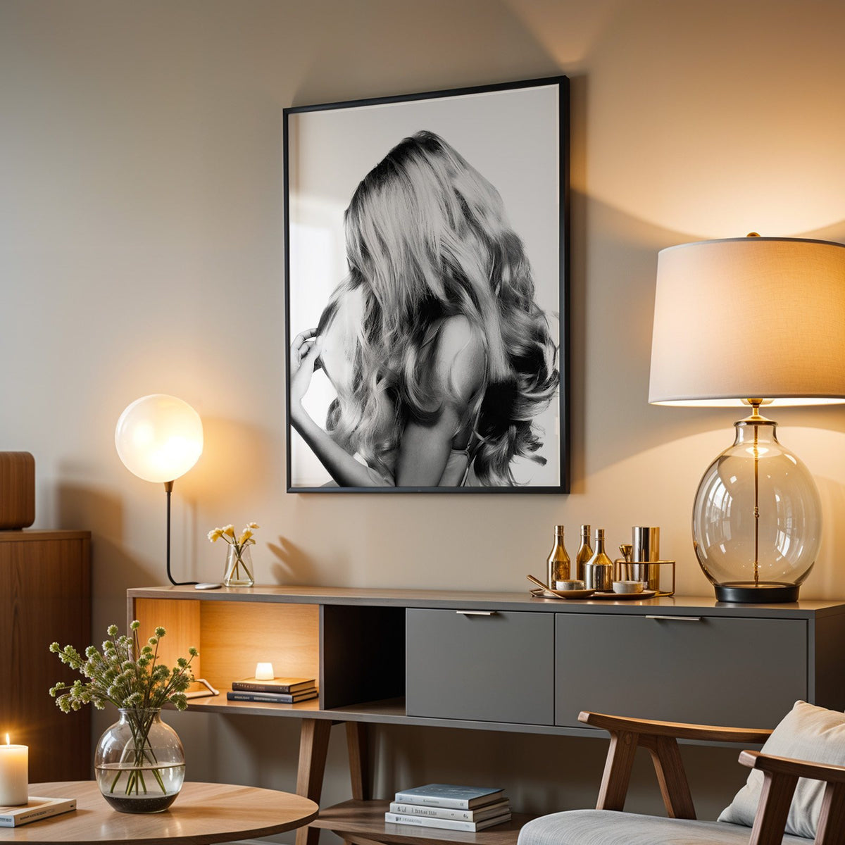 Long blonde wavy hair seen from behind print in a black frame above a grey media console with a glass table lamp