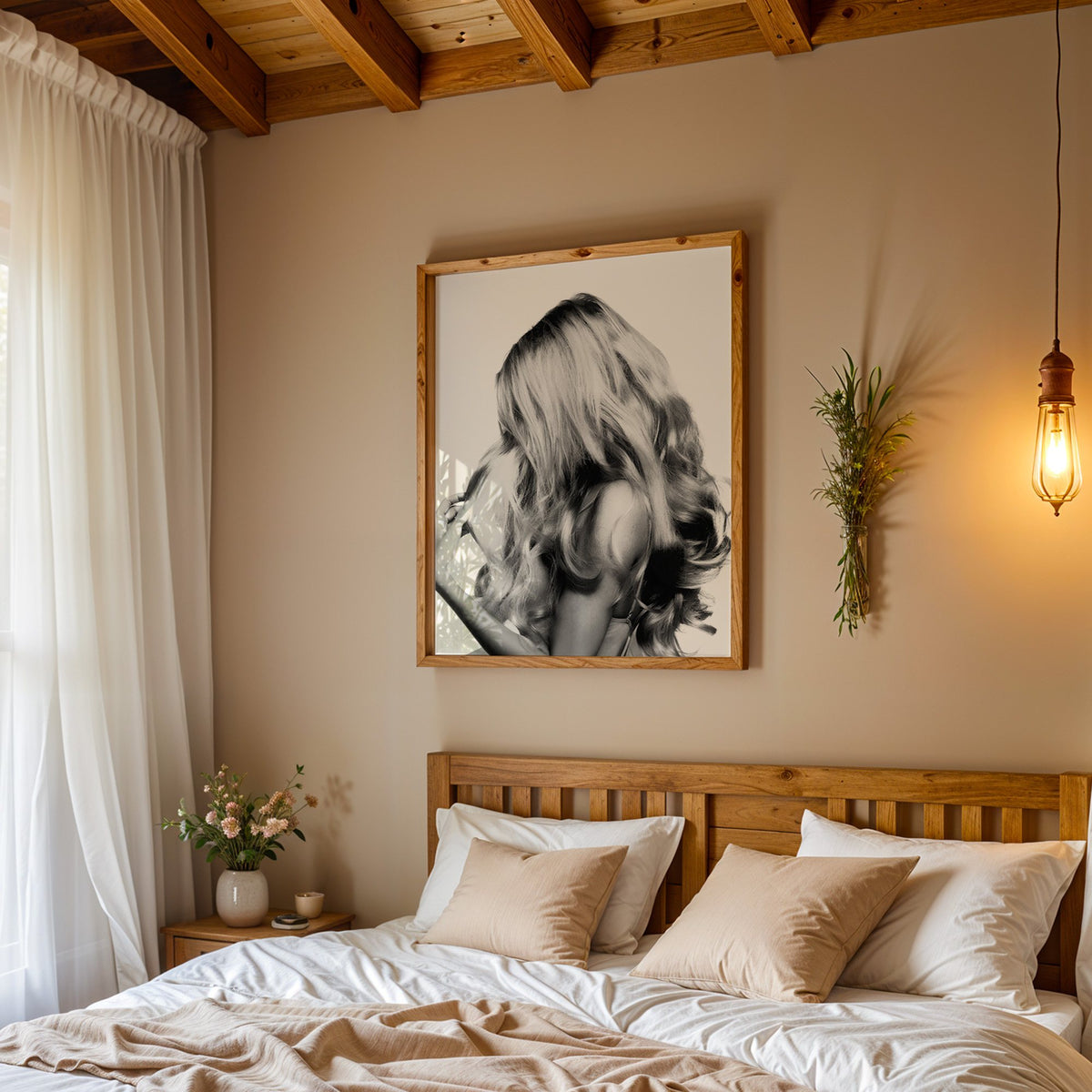 Long blonde wavy hair seen from behind print in a pine frame above a wood headboard bed under a pendant bulb