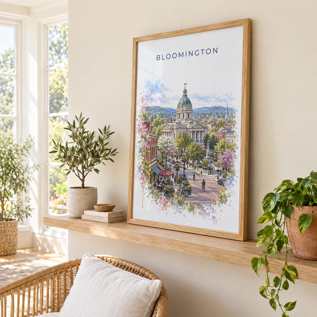 Bloomington, Indiana watercolor print in an oak frame on a picture ledge in a sunlit sunroom