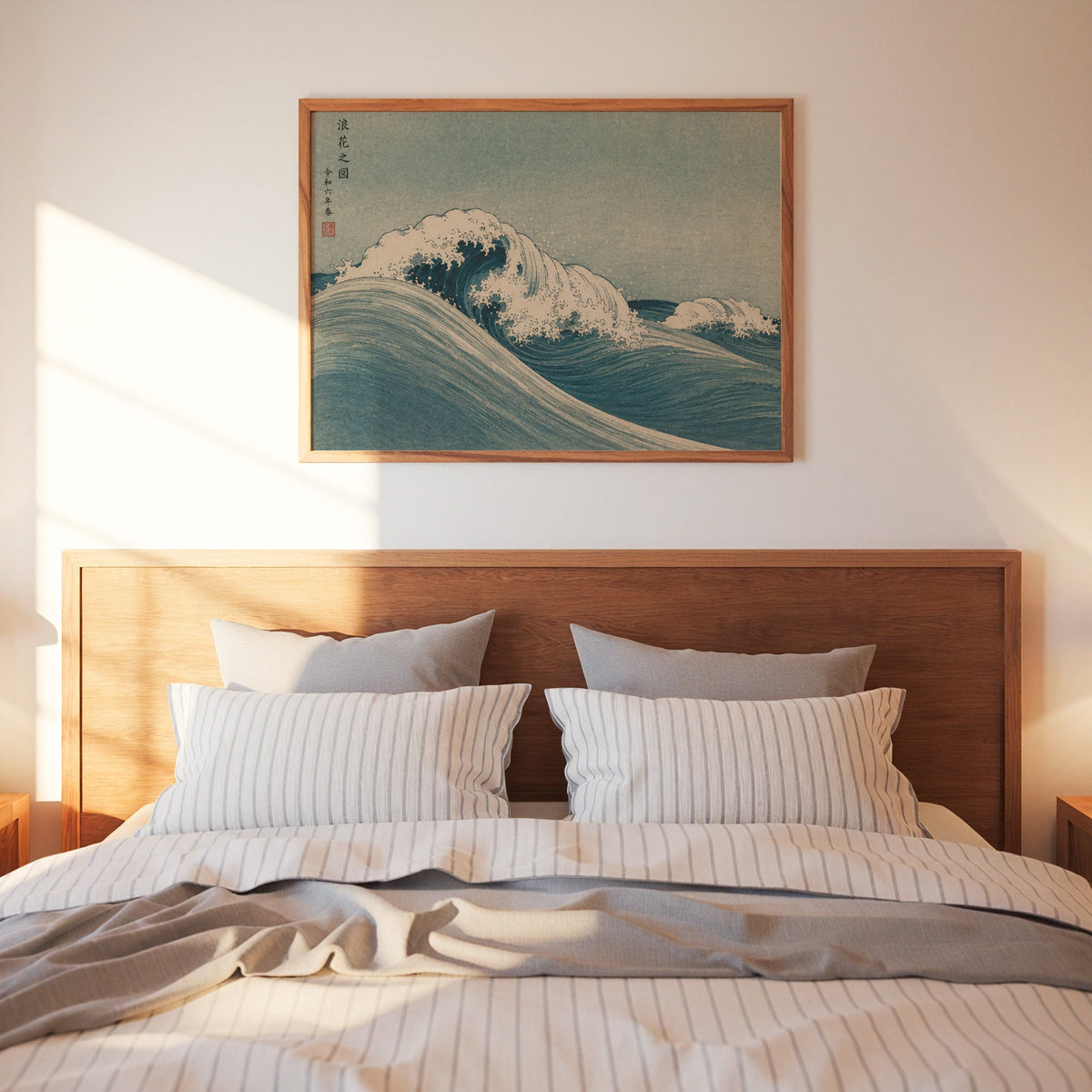 Blue crashing wave woodblock print in a warm wood frame above a bed with striped linen bedding