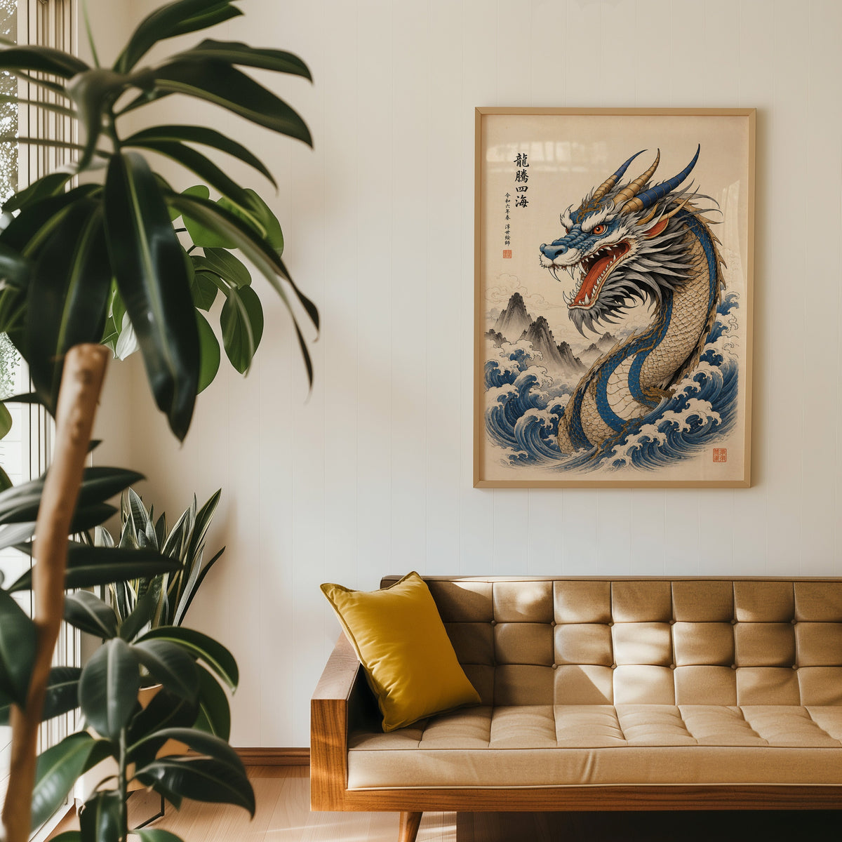 Blue dragon great waves poster in an oak frame above a tan tufted leather sofa with a mustard cushion