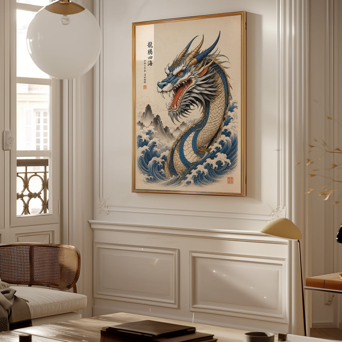 Blue dragon great waves poster shown in a gold frame on a paneled wall in a Parisian-style living room