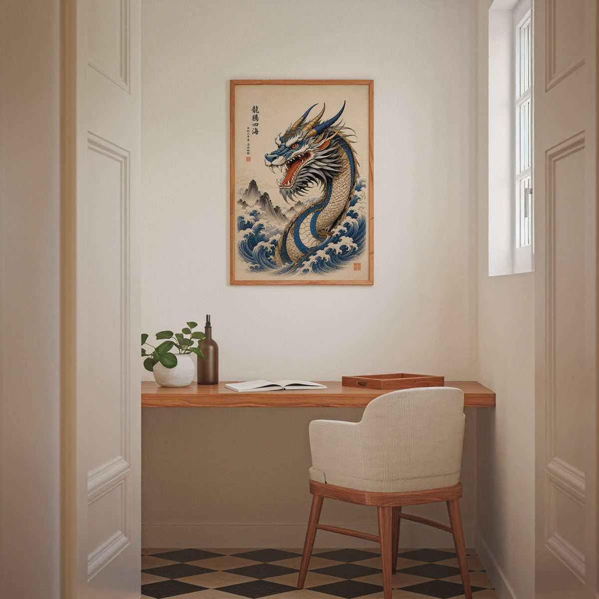 Blue dragon great waves poster in an oak frame above a wall-mounted desk in a home office nook