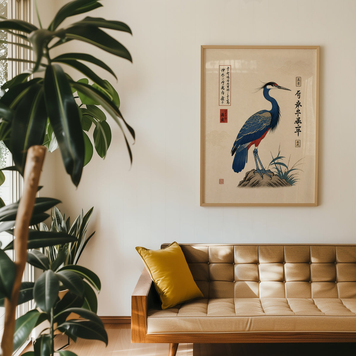 Blue crested bird on rock poster in an oak frame above a tan tufted leather sofa with a mustard cushion