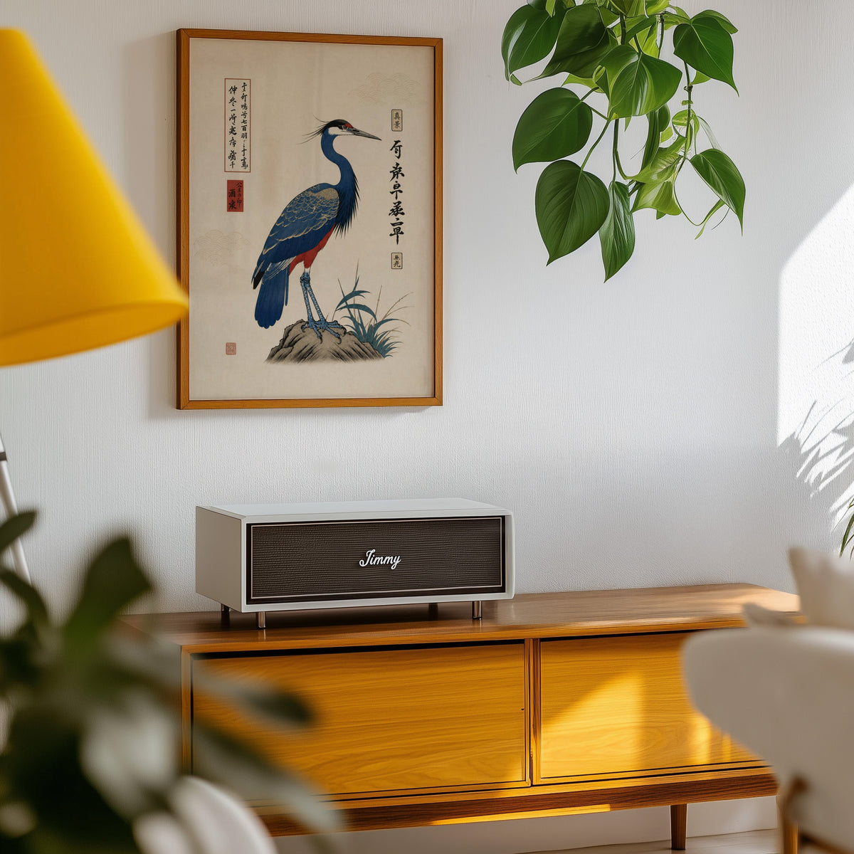 Blue crested bird on rock poster in an oak frame above a teak mid-century sideboard with trailing pothos