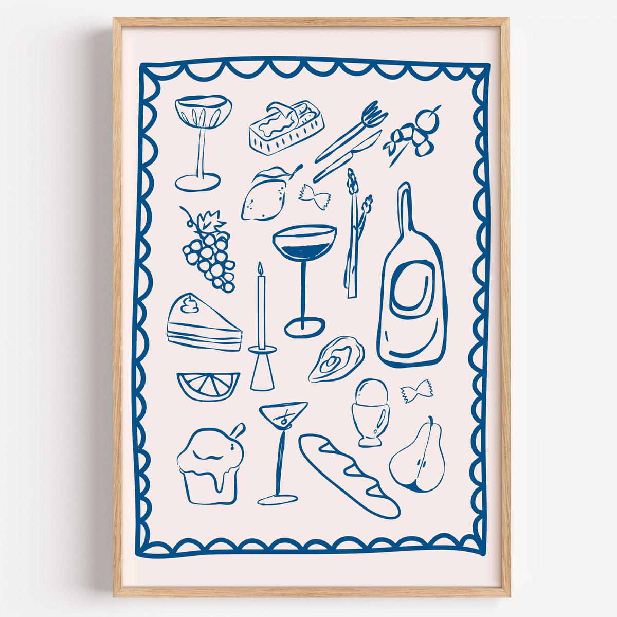 Blue line dinner party scalloped print in a light oak frame on a plain white wall