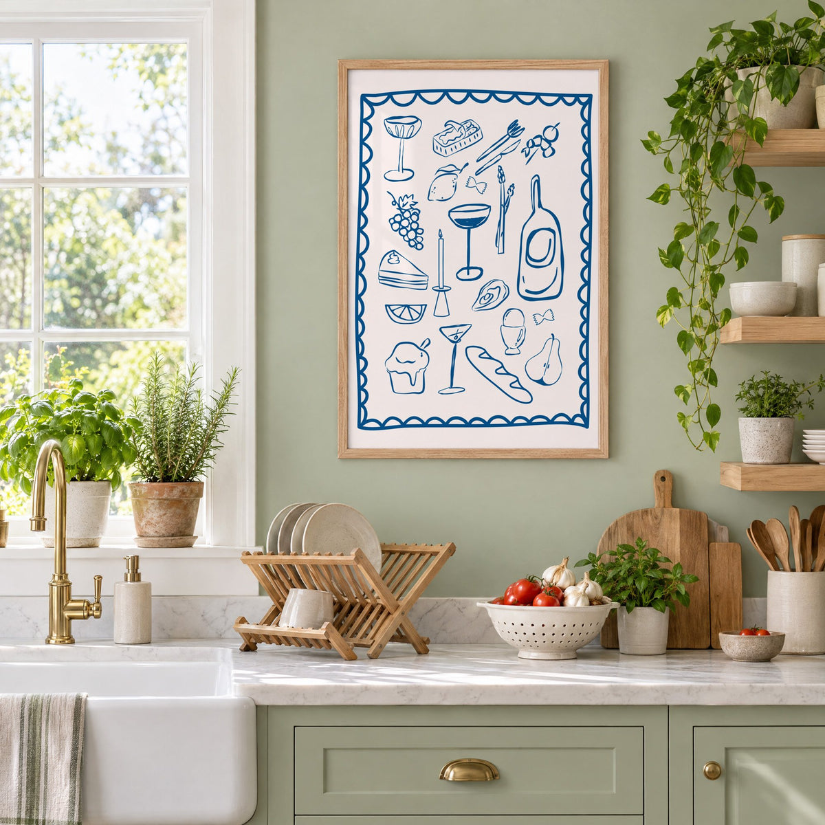 Blue line dinner party scalloped print in an oak frame on a sage green kitchen wall beside a farmhouse sink and herbs