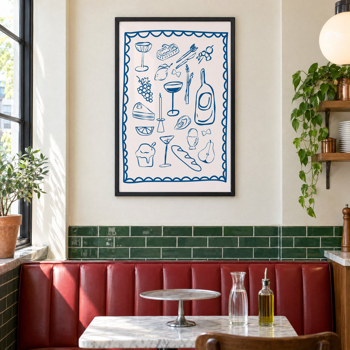Blue line dinner party scalloped print in a black frame above a red leather booth in a sunny pizzeria