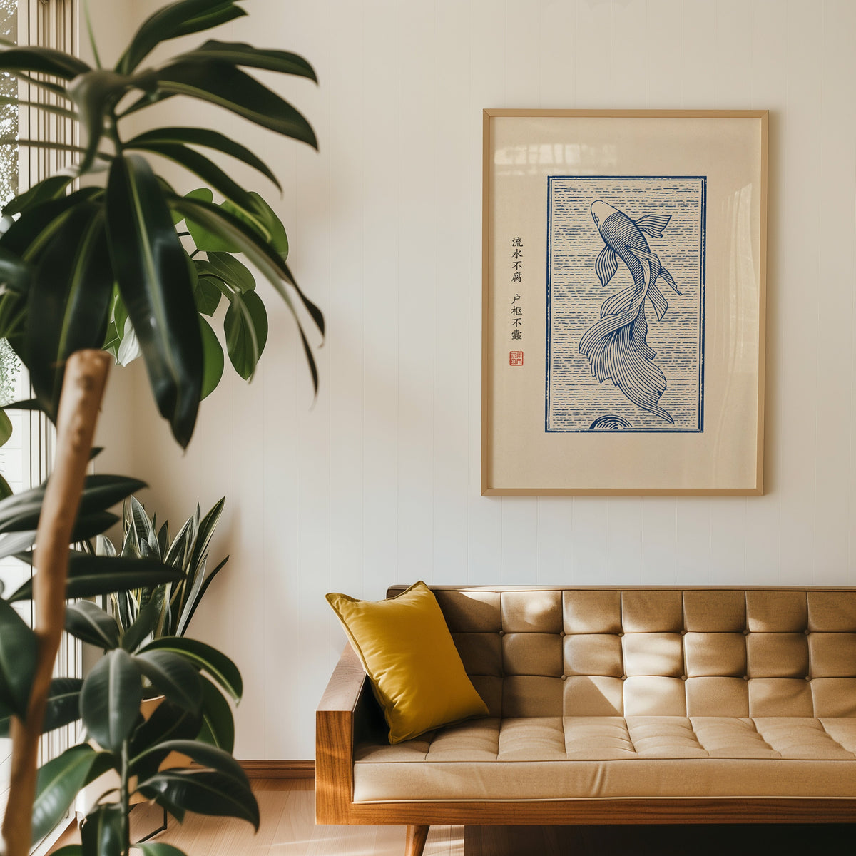 Blue line koi flowing water poster in an oak frame above a tan tufted leather sofa with a mustard cushion