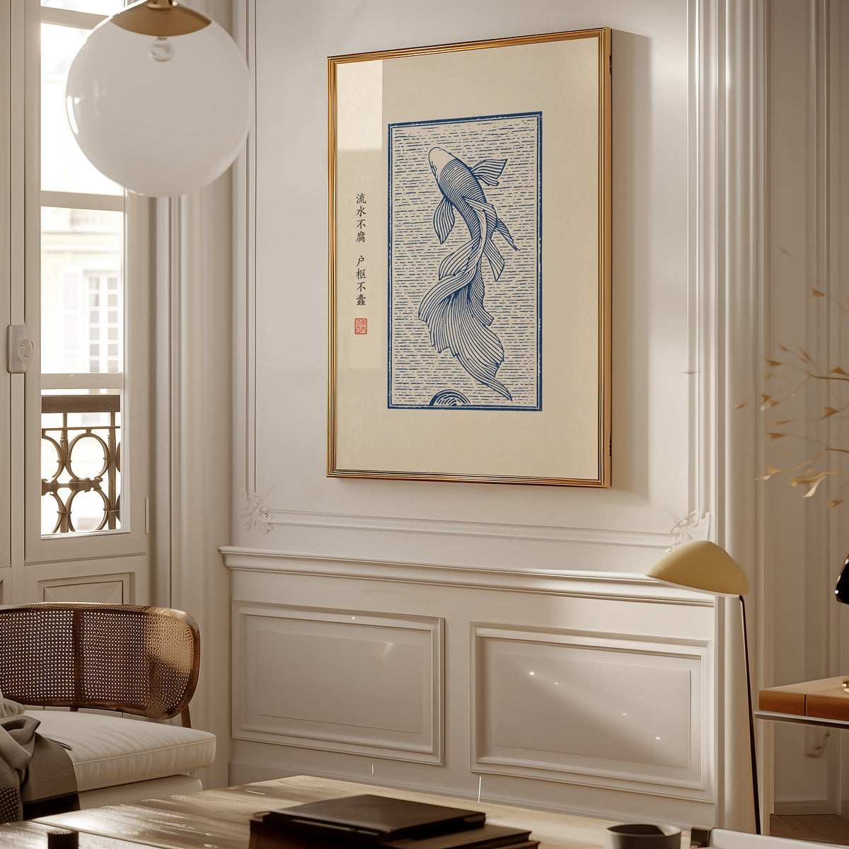 Blue line koi flowing water poster shown in a gold frame on a paneled wall in a Parisian-style living room
