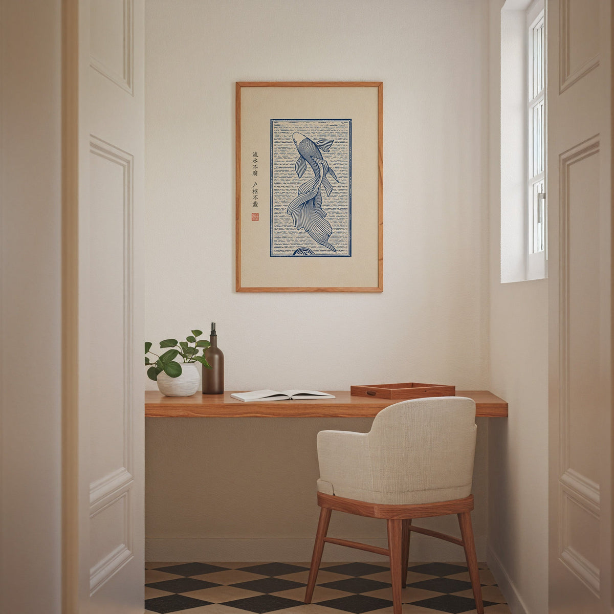 Blue line koi flowing water poster in an oak frame above a wall-mounted desk in a home office nook