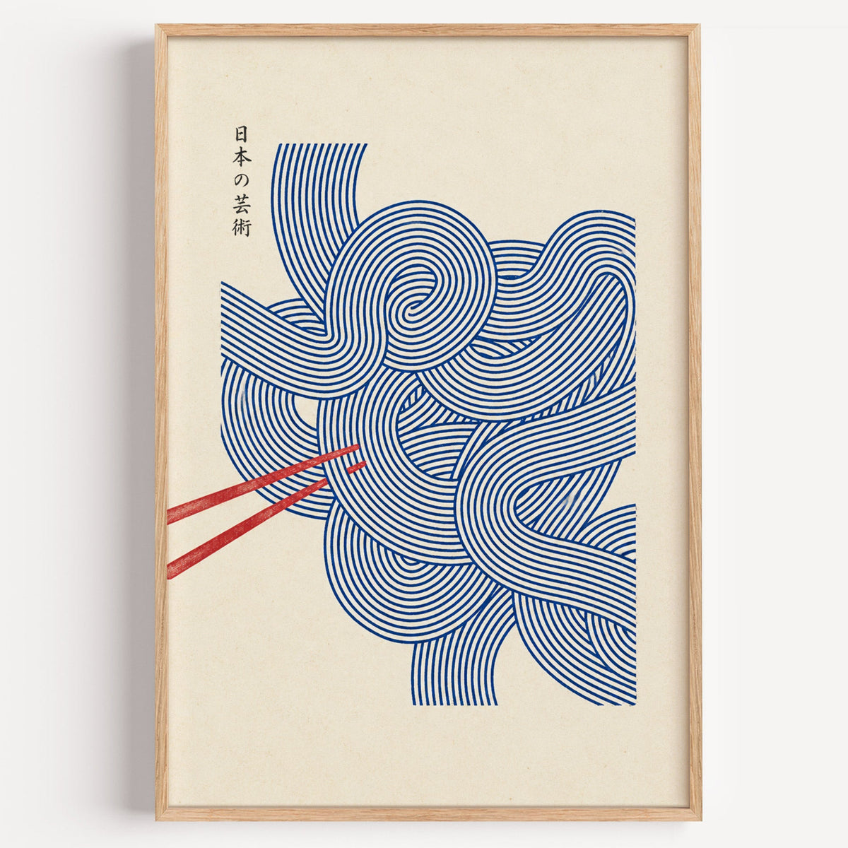 Blue line noodles and red chopsticks poster in a light oak frame on a plain white wall