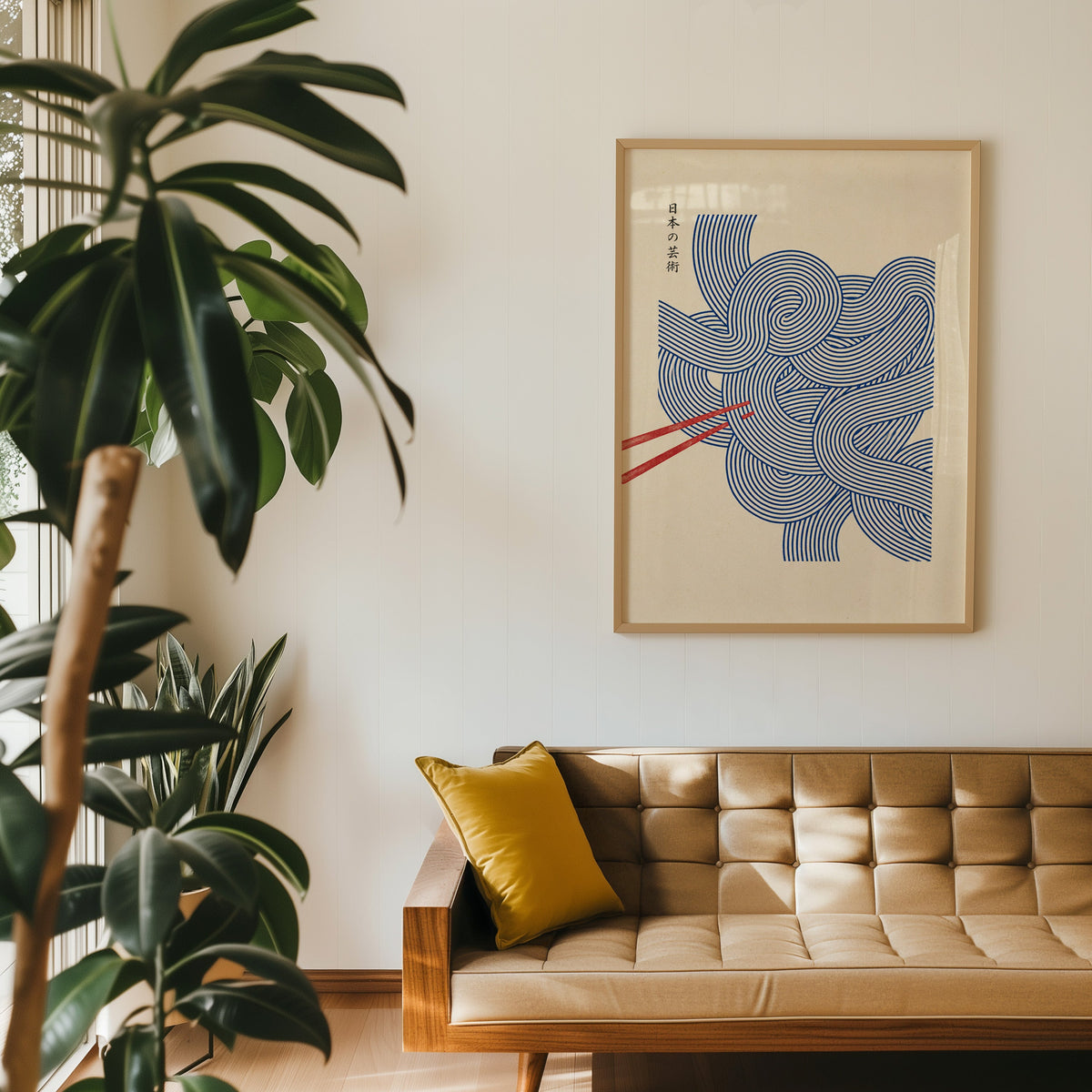 Blue line noodles poster in an oak frame above a tan tufted leather sofa with a mustard cushion