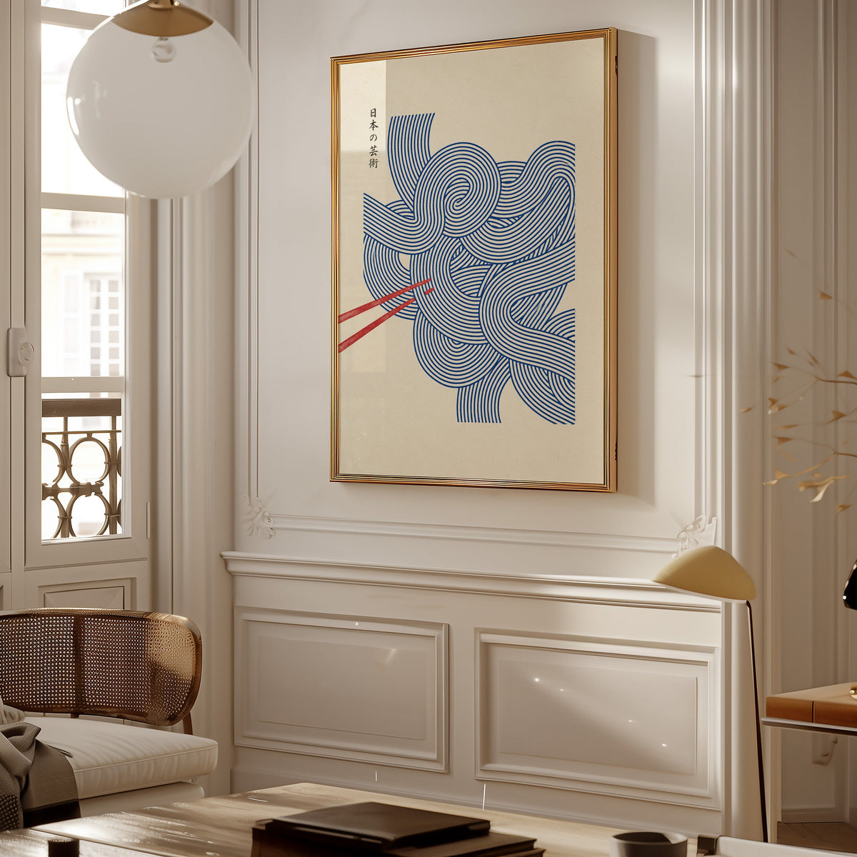 Blue line noodles poster shown in a gold frame on a paneled wall in a Parisian-style living room