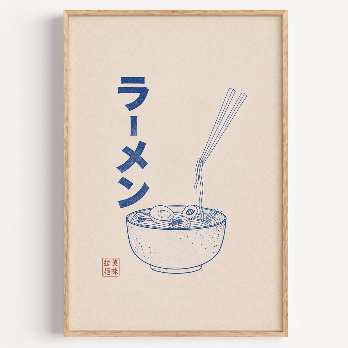 Blue line ramen bowl poster in a light oak frame on a plain white wall