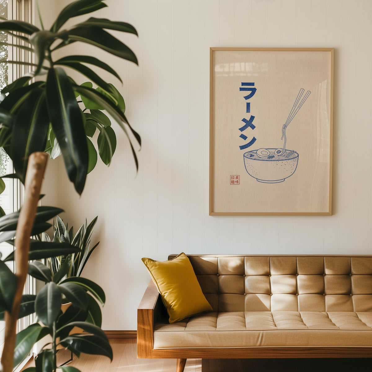 Blue line ramen bowl poster in an oak frame above a tan tufted leather sofa with a mustard cushion