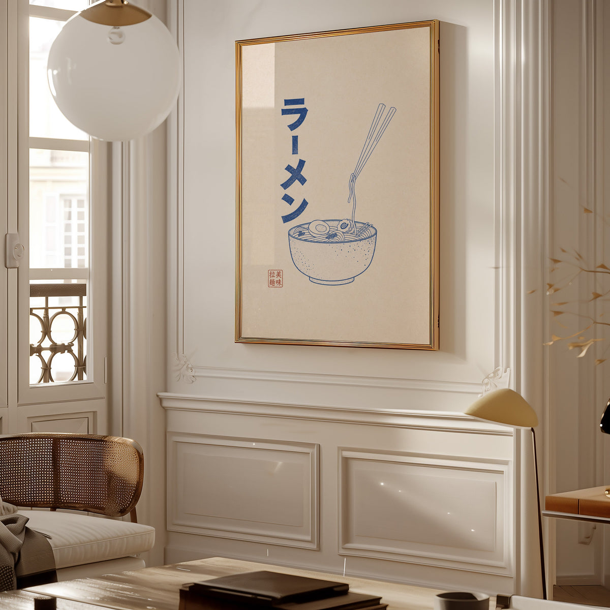 Blue line ramen bowl poster shown in a gold frame on a paneled wall in a Parisian-style living room