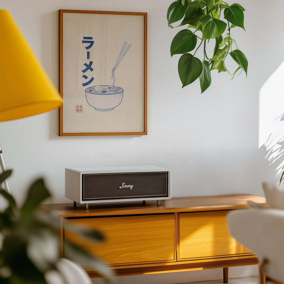 Blue line ramen bowl poster in an oak frame above a teak mid-century sideboard with trailing pothos