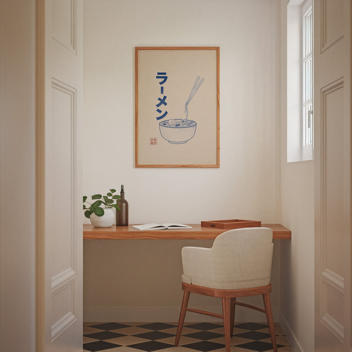 Blue line ramen bowl poster in an oak frame above a wall-mounted desk in a home office nook
