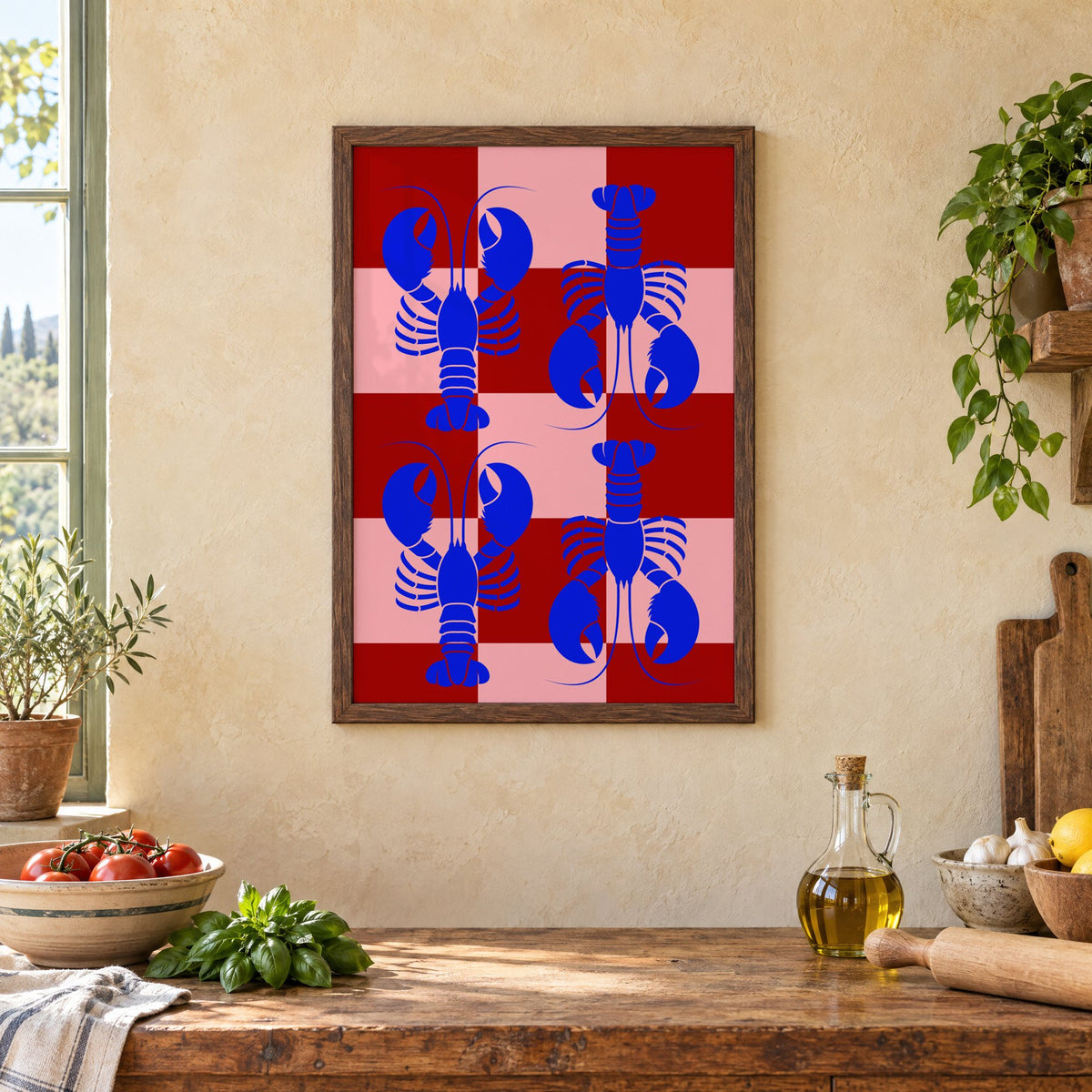 Blue lobster red pink checker print in a walnut frame above a rustic Italian kitchen table with tomatoes