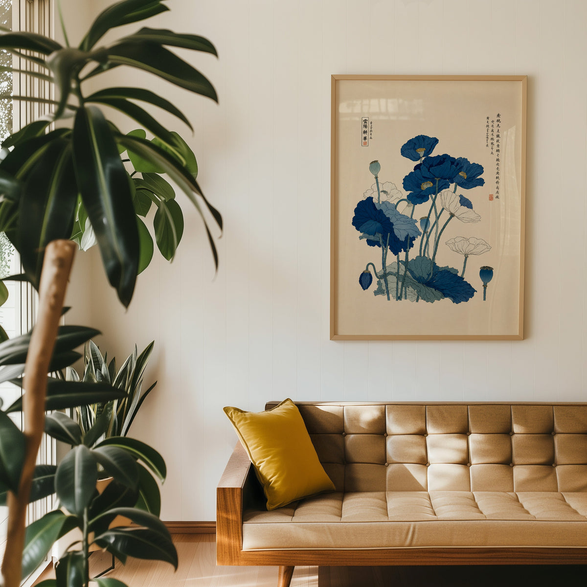 Blue and white poppies poster in an oak frame above a tan tufted leather sofa with a mustard cushion