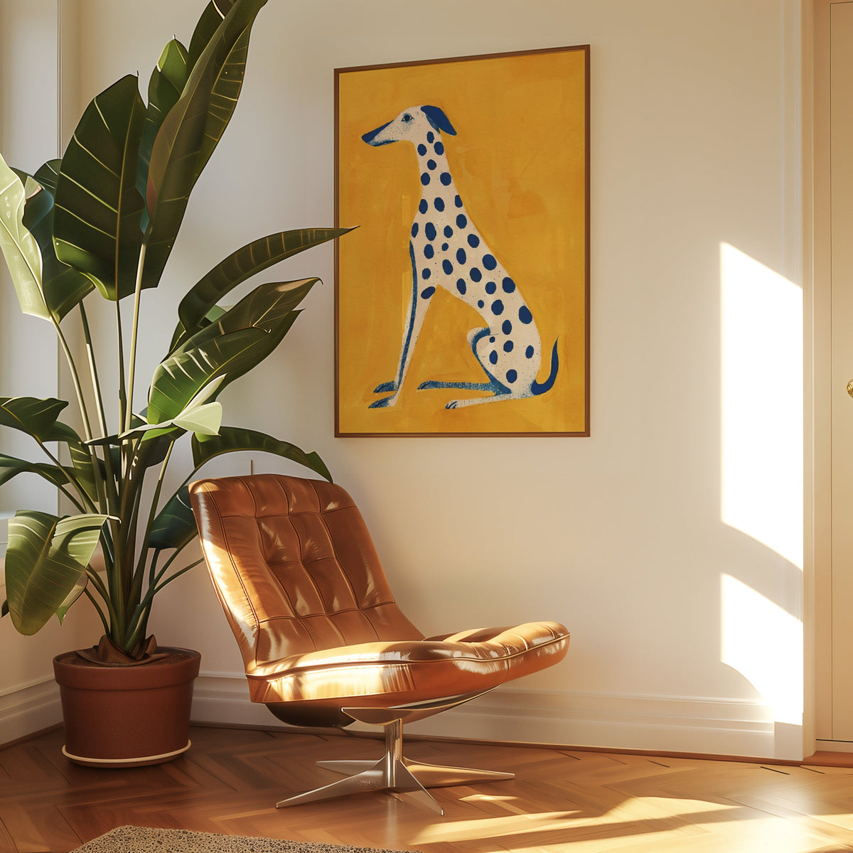 Cobalt spotted hound print in a slim walnut frame above a tan leather lounge chair
