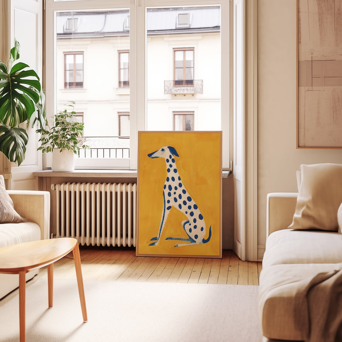 Mustard yellow dog print in an oak frame leaning below tall French windows