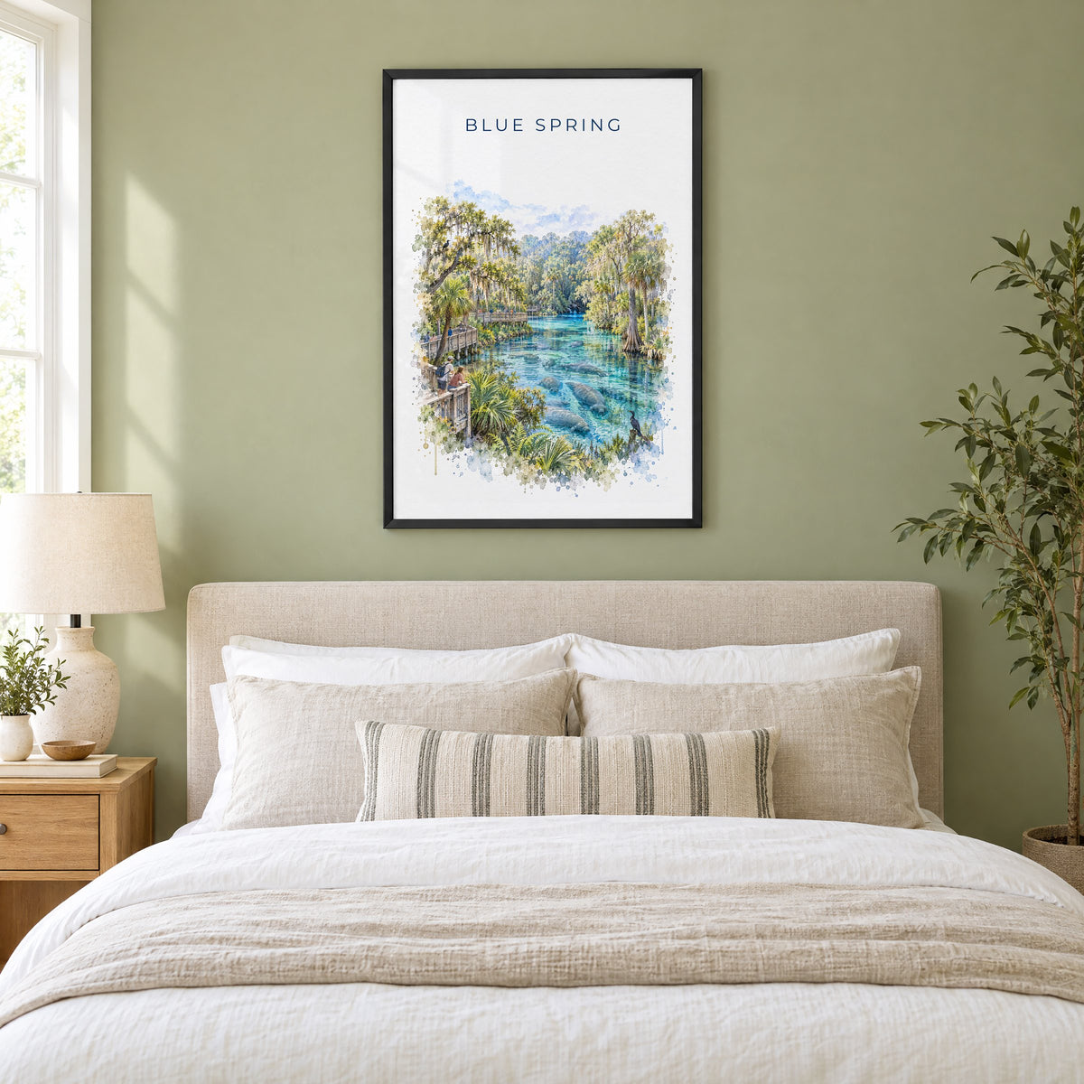 Blue Spring State Park watercolor print in a black frame above an upholstered headboard in a sage green bedroom