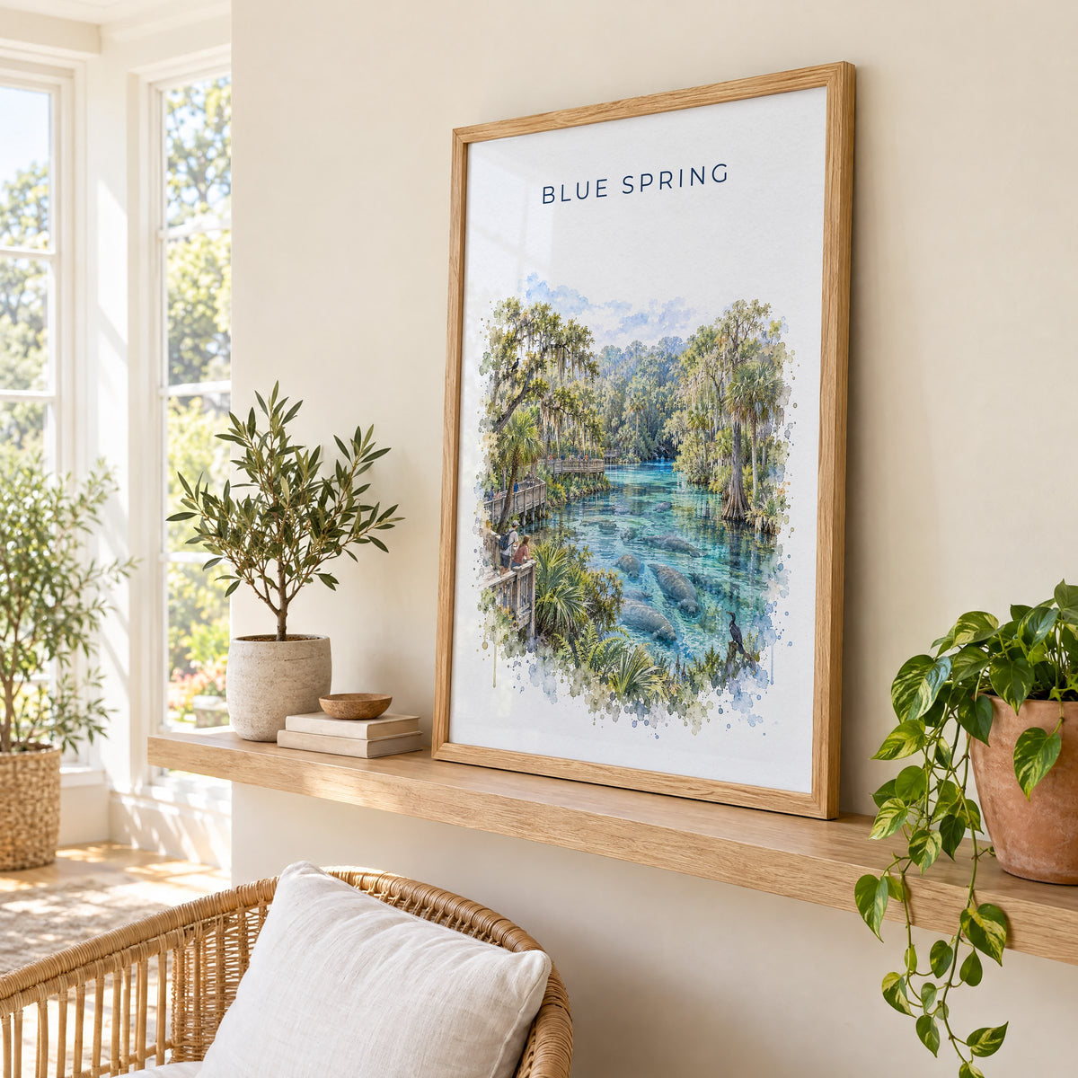 Blue Spring State Park watercolor print in an oak frame on a picture ledge in a sunlit sunroom