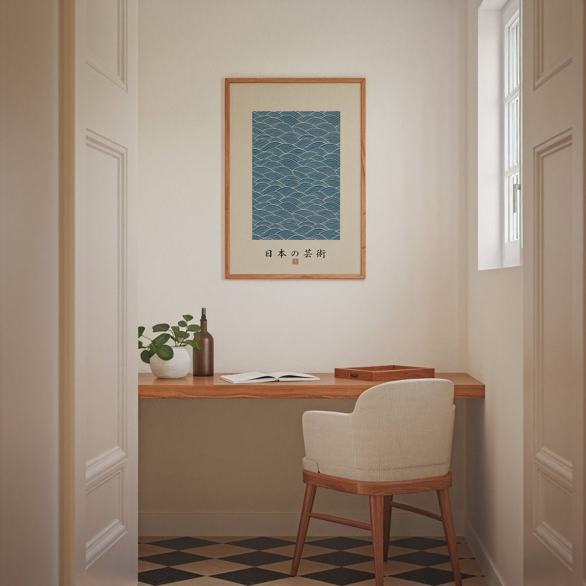 Blue wave line pattern poster in an oak frame above a wall-mounted desk in a home office nook
