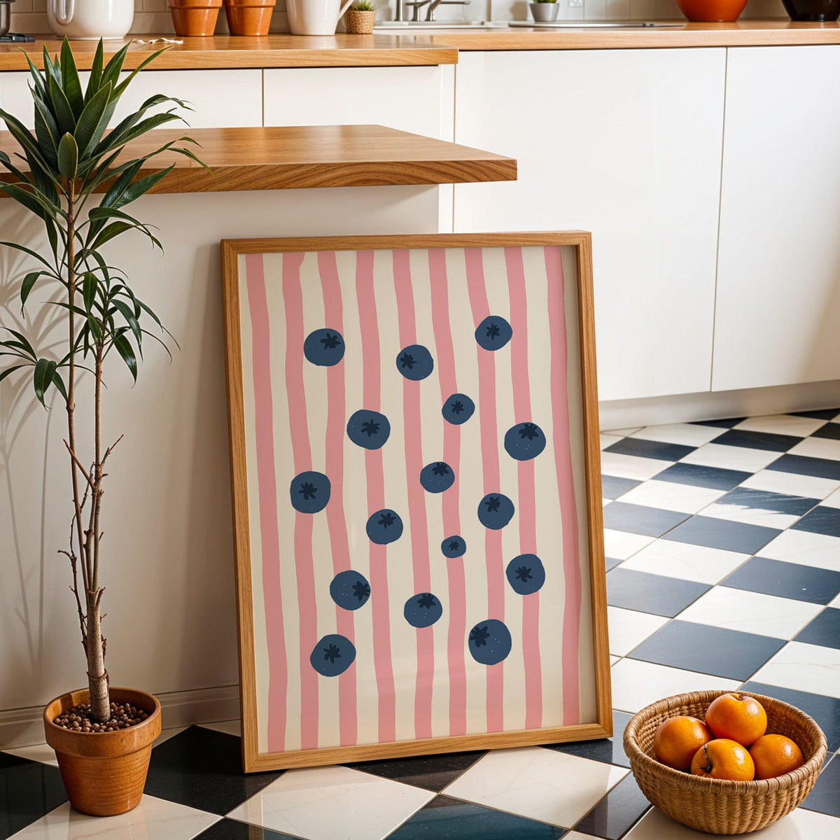 Blueberry stripe print in an oak frame by a kitchen island and checkered floor