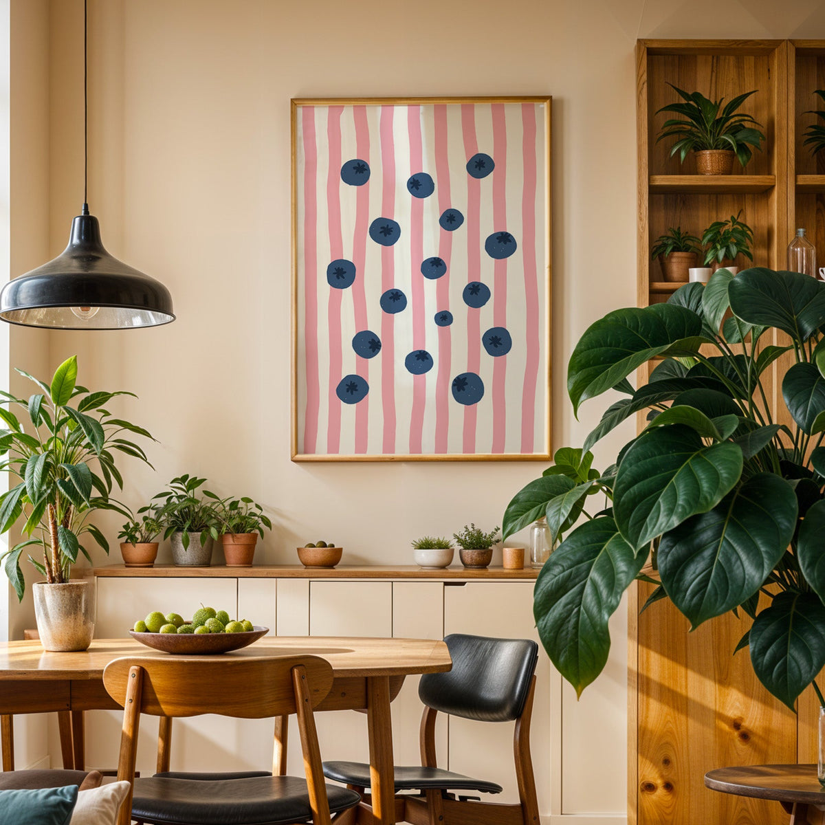 Blueberry stripe print in an oak frame above a sideboard in a plant-filled dining room