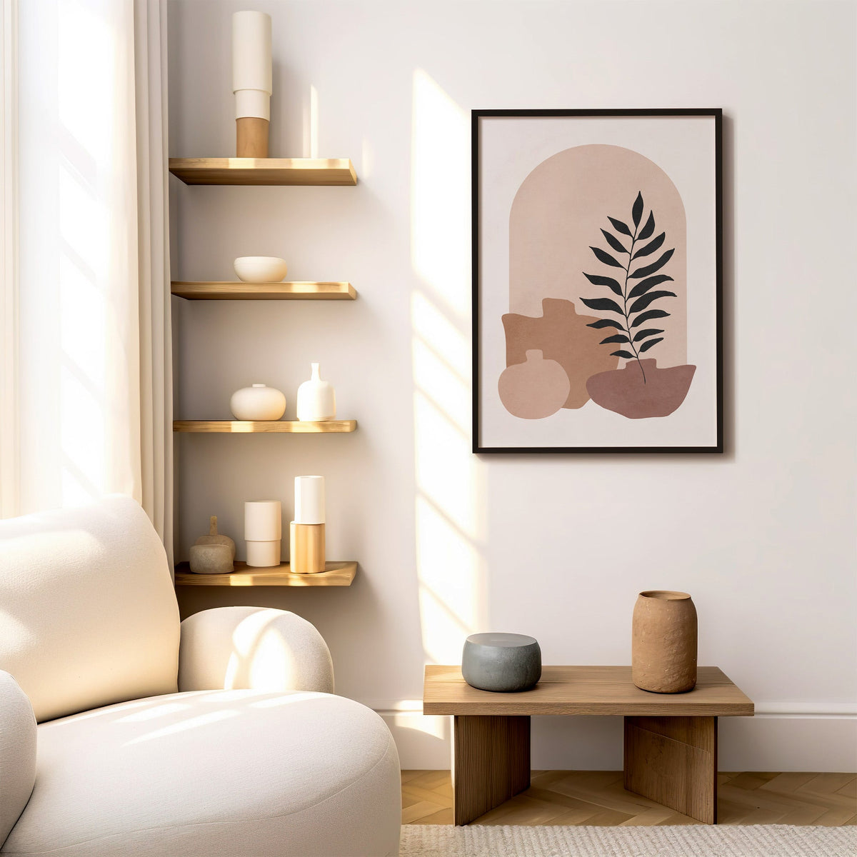 Blush arch and three vases boho botanical print in a black frame above a low wood bench beside floating oak shelves