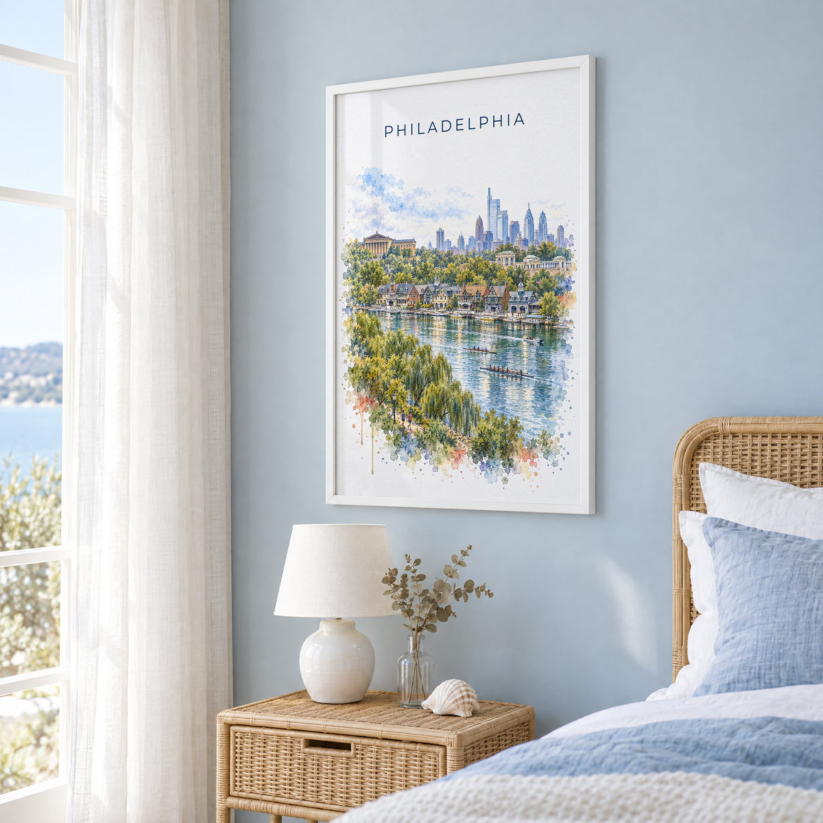 Boathouse Row Philadelphia watercolor print in a white frame on a pale blue wall beside a rattan bed in a coastal bedroom