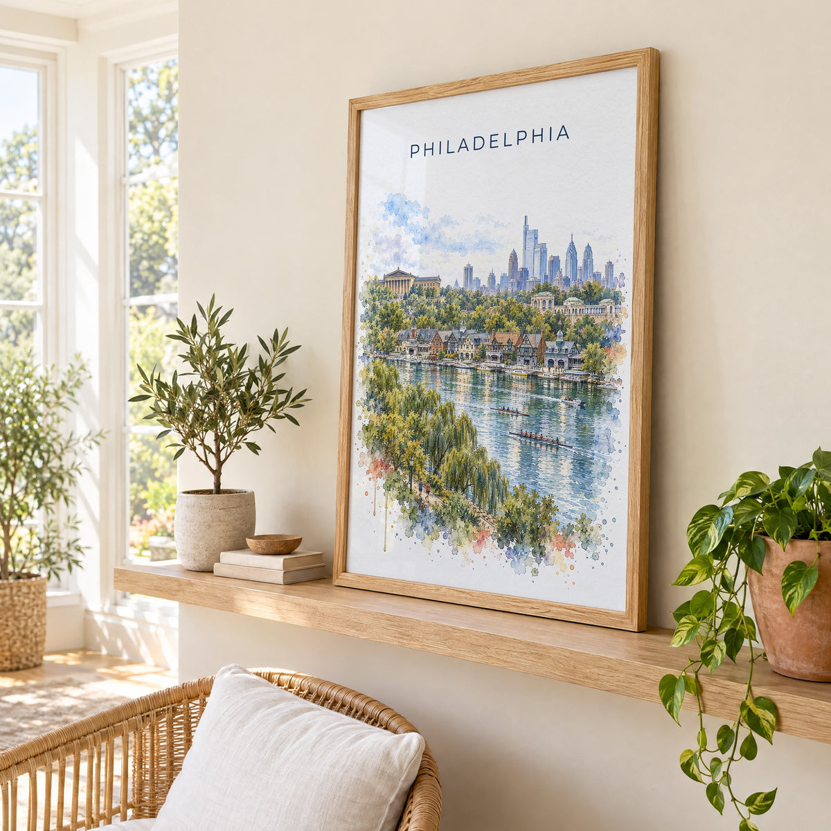Boathouse Row Philadelphia watercolor print in an oak frame on a picture ledge in a sunlit sunroom