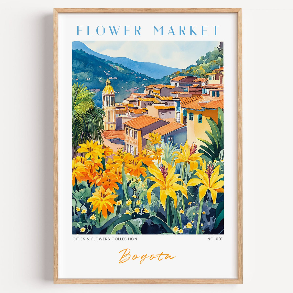 Bogota flower market print in a light oak frame on a plain white wall