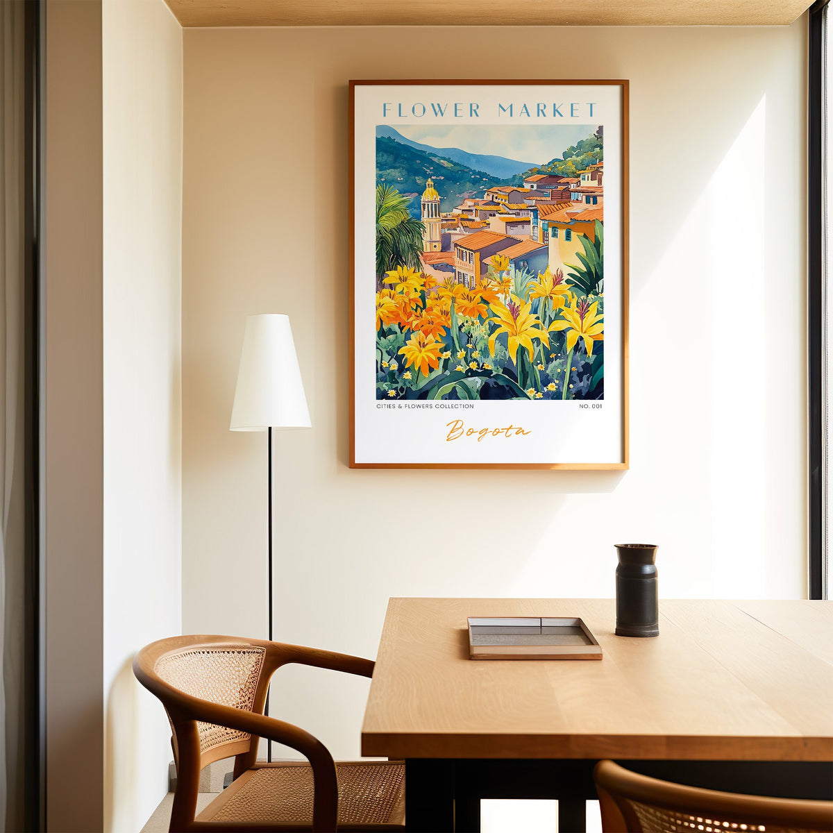 Bogota flower market print in an oak frame above a dining table and cane chair