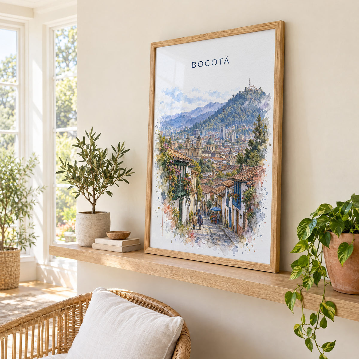 Bogotá watercolor print in an oak frame on a picture ledge in a sunlit sunroom