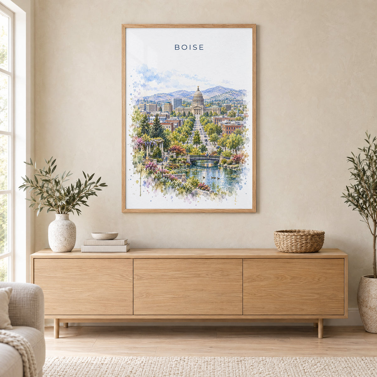 Boise watercolor print in an oak frame above a light wood sideboard in a Scandinavian living room