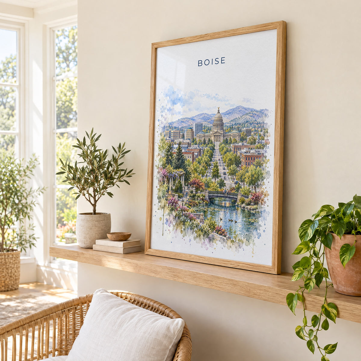 Boise watercolor print in an oak frame on a picture ledge in a sunlit sunroom