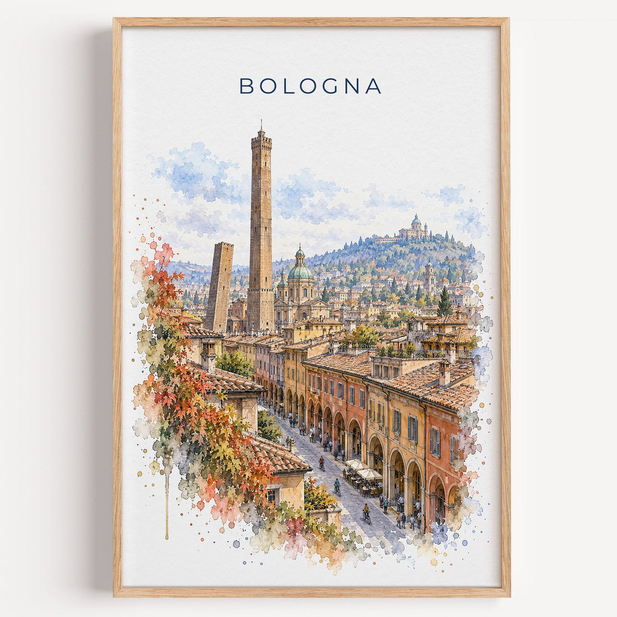 Bologna watercolor print in a light oak frame on a plain white wall
