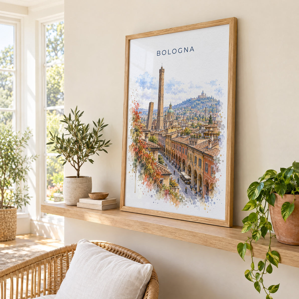 Bologna watercolor print in an oak frame on a picture ledge in a sunlit sunroom