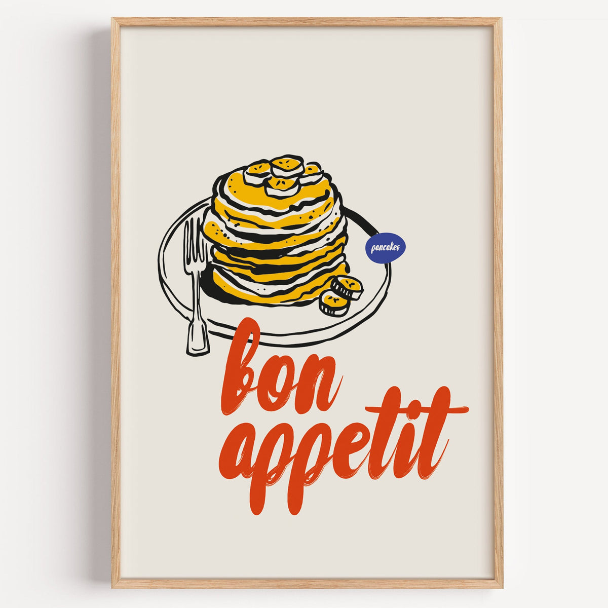 Bon Appetit banana pancakes poster in black and yellow on a plain white background