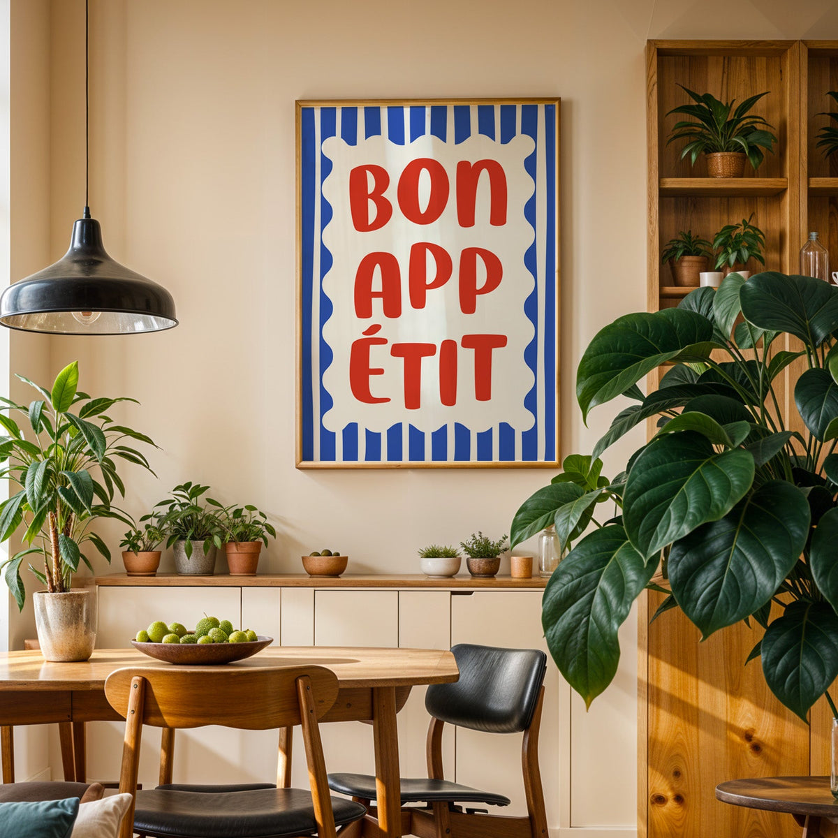 Bon appetit print in an oak frame above a sideboard in a plant-filled dining room