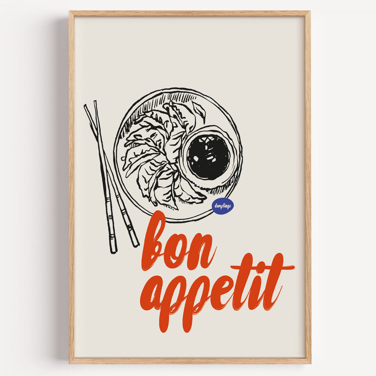 Bon Appetit dumplings poster in black ink shown flat on a plain white background