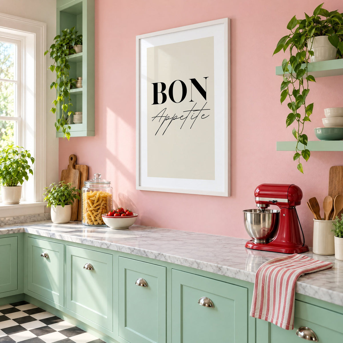 BON Appetite serif and script print in a white frame on a pink wall above mint green cabinets in a retro kitchen, seen at an angle