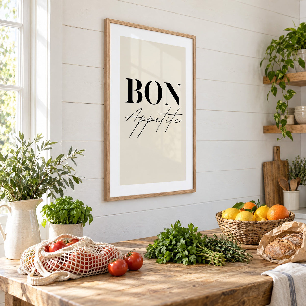 BON Appetite serif and script print in an oak frame on a shiplap wall above a farm table with market tomatoes and citrus, seen at an angle